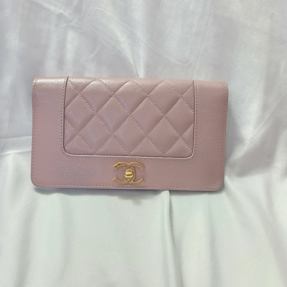 Authentic Chanel Pink Quilted Leather CC Logo Long Flap Wallet